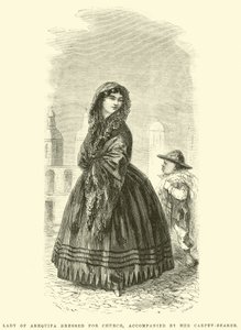 教会の服を着たアレキパの女性、カーペットの持ち主を伴う 作： Edouard Riou